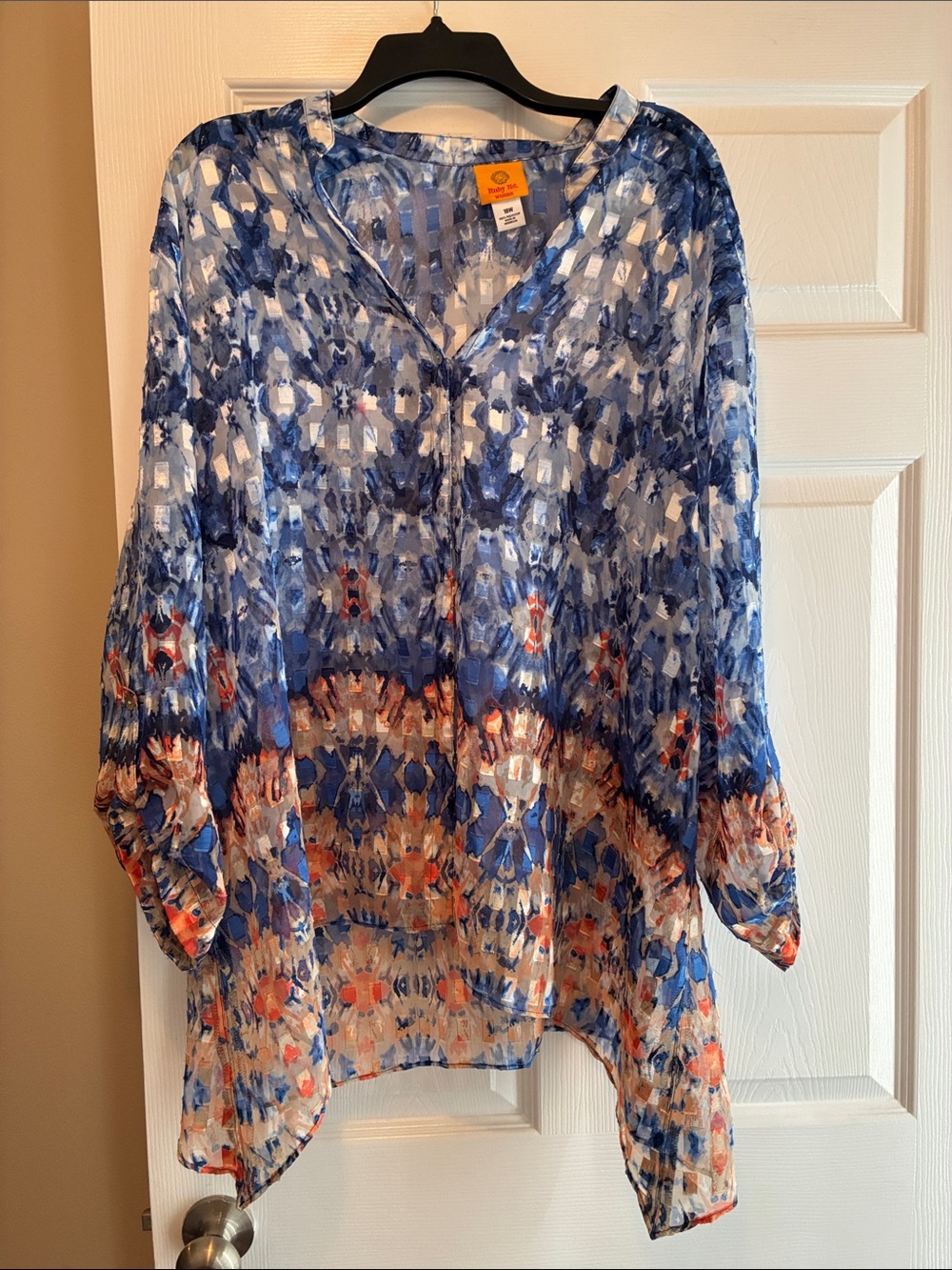 Ruby Rd. Blue and Orange Patterned V-Neck Tunic. Front buttons